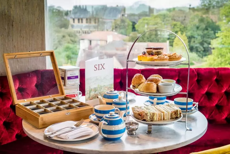 Afternoon tea at SIX, selection of tea, scones & Cakes