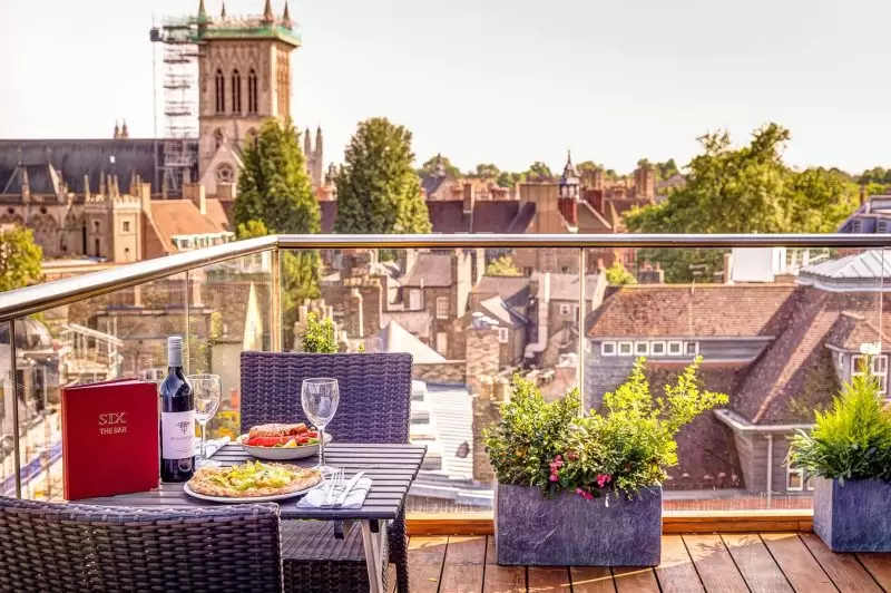 view of cambridge from balcony of six brasserie
