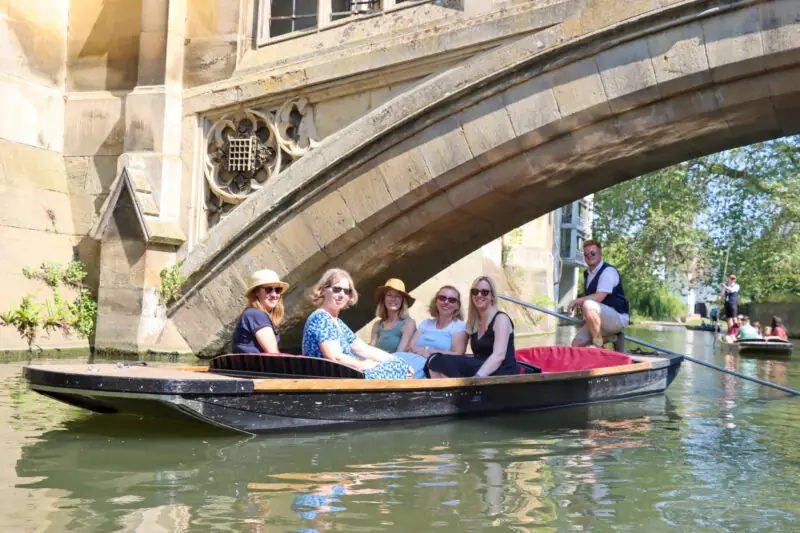 group of girl friends on a river boat on the river cam
